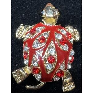 Vintage Turtle Brooch Red Enamel Rhinestone Gold Tone Figural Turtle Pin Costume